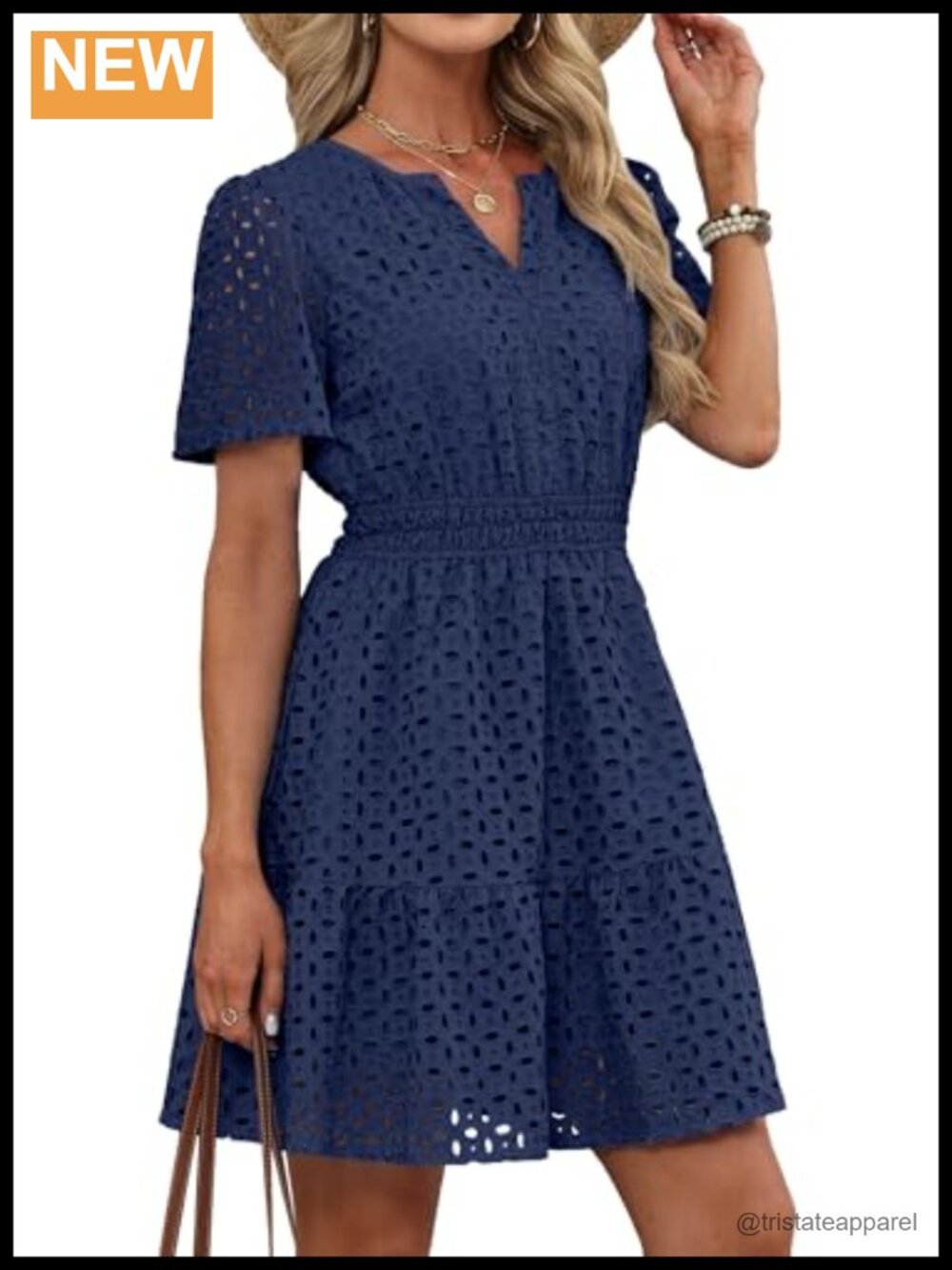 Eyelet Lace A-Line Mini Dress V-Neck Puff Sleeve Summer Casual